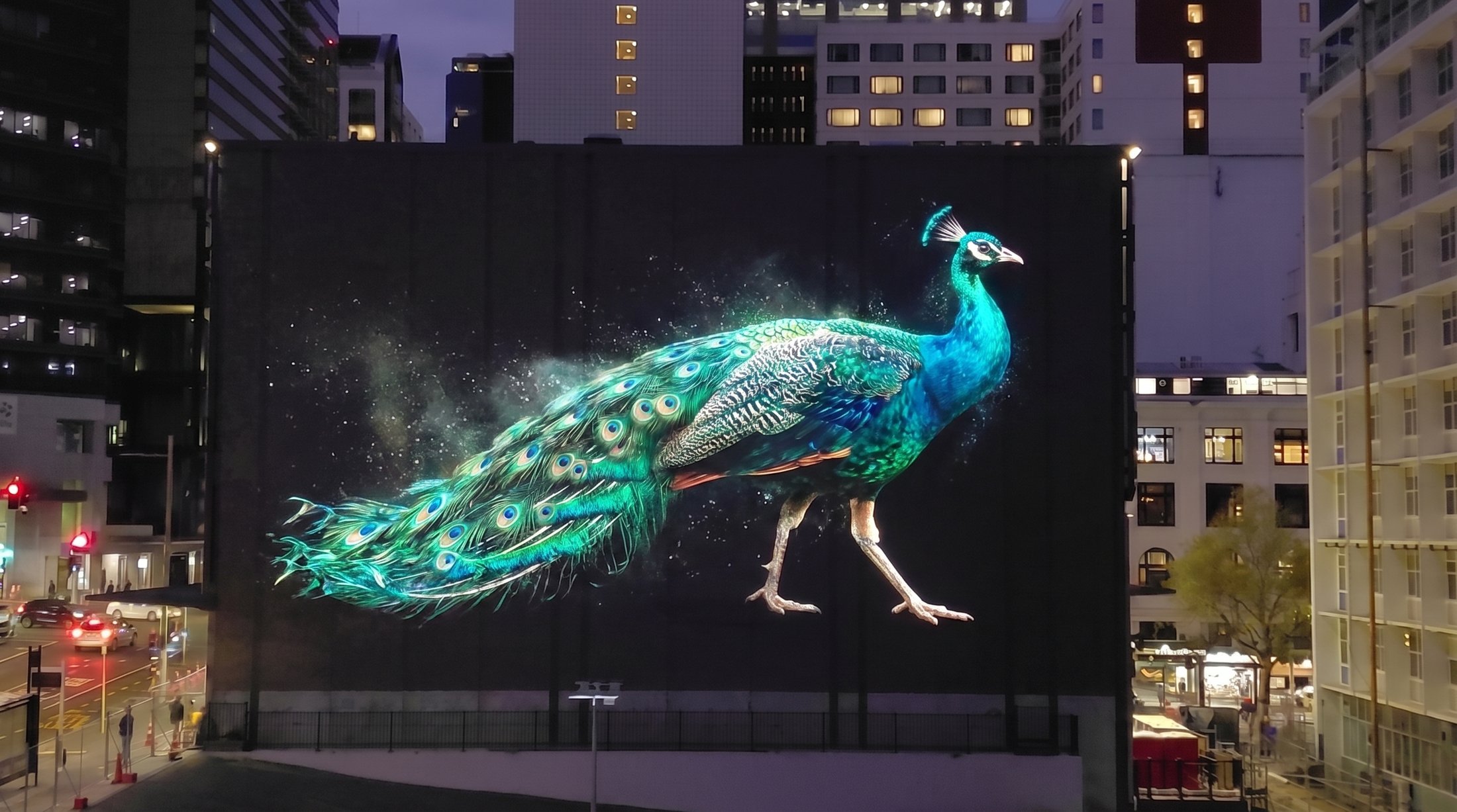 Artist render of a peacock projected across the station facade at dusk